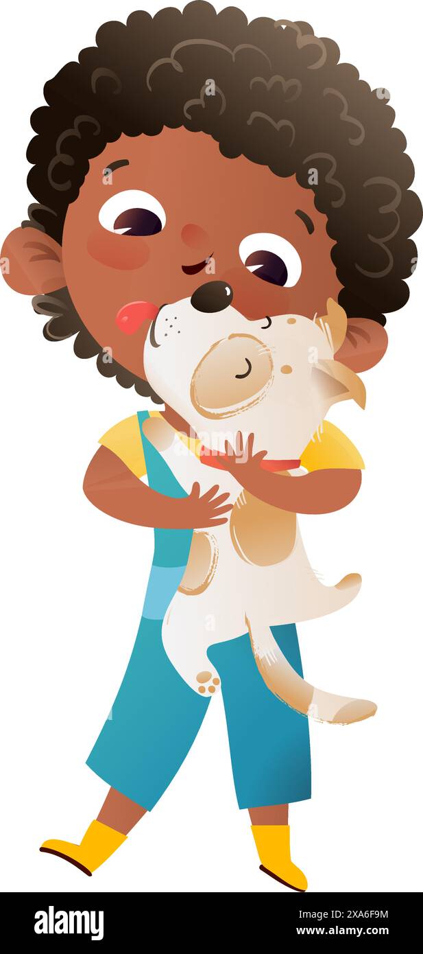 La graziosa bambina africana americana tiene e abbraccia il suo cane migliore amico, illustrazioni di personaggi per bambini multinazionali con animali domestici, bambini e cuccioli. VECTO Illustrazione Vettoriale