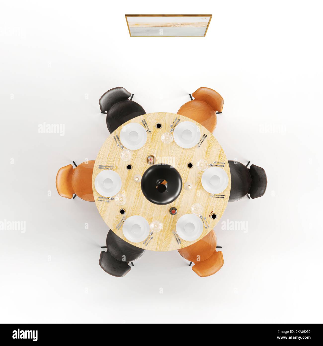 Rendering 3d di una vista dall'alto di un tavolo con bottiglia di vino e quattro sedie. Foto Stock