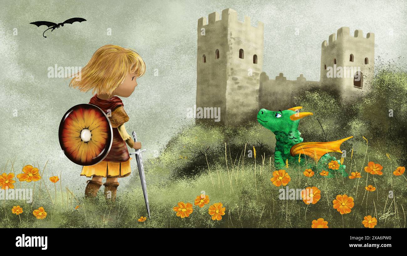 Illustrazione di un bambino medievale in cerca di draghi che incontra uno con un vecchio castello sullo sfondo Foto Stock