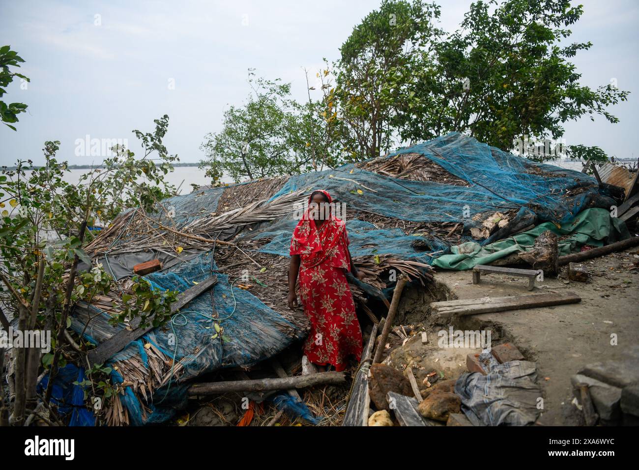 Una donna si trova in una casa danneggiata durante le conseguenze a Mongla. Il ciclone Remal, che ha avuto origine nel Golfo del Bengala, ha colpito i distretti costieri meridionali del Bangladesh nella notte di domenica 26 maggio. Il ciclone ha portato con sé velocità devastanti del vento da 90 a 120 km/h, con conseguenti estese inondazioni e distruzione. I Sundarbans, una barriera naturale critica e sito patrimonio dell'umanità dell'UNESCO, hanno subito il peso dell'impatto del ciclone. Le acque alluvionali si sono innalzate da tre a quattro metri sopra la norma, sommergendo vaste aree e causando danni significativi alla fauna selvatica e alle infrastrutture, tra cui il Karamjal Foto Stock