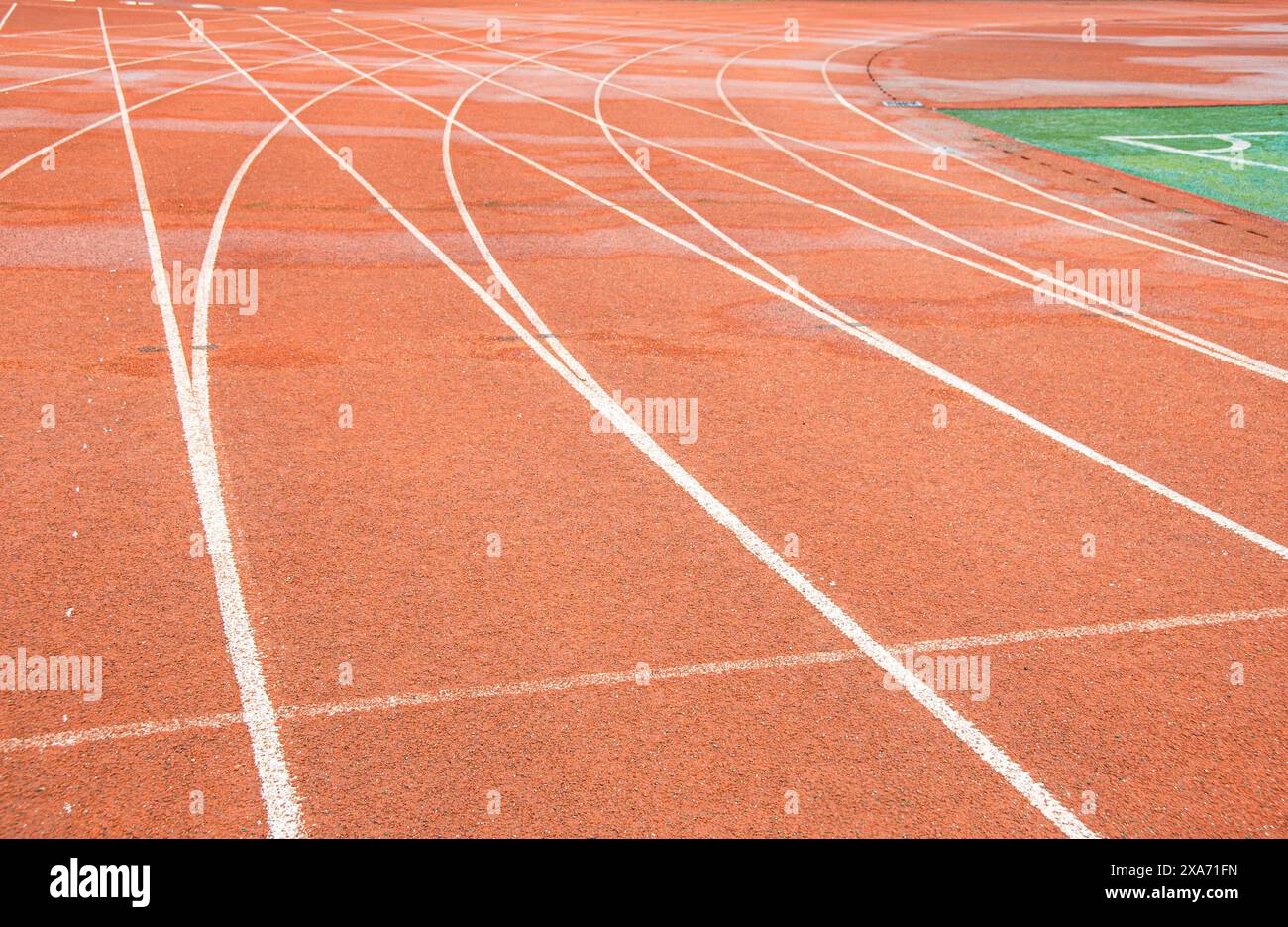 La pista rossa brillante di un'università di Wuhan. La curva bianca si interseca con la linea retta. Foto Stock