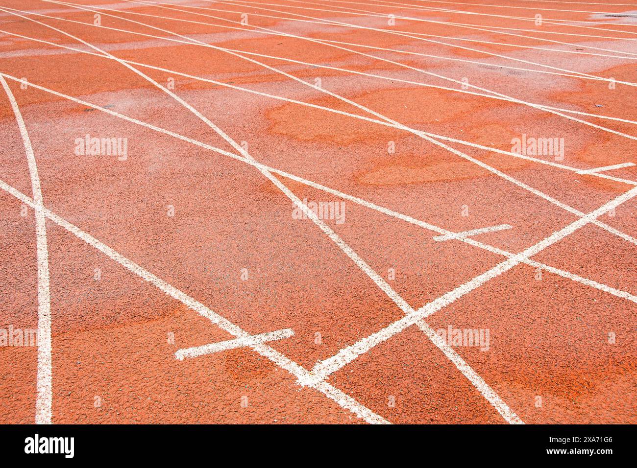 La pista rossa brillante di un'università di Wuhan. La curva bianca si interseca con la linea retta. Foto Stock