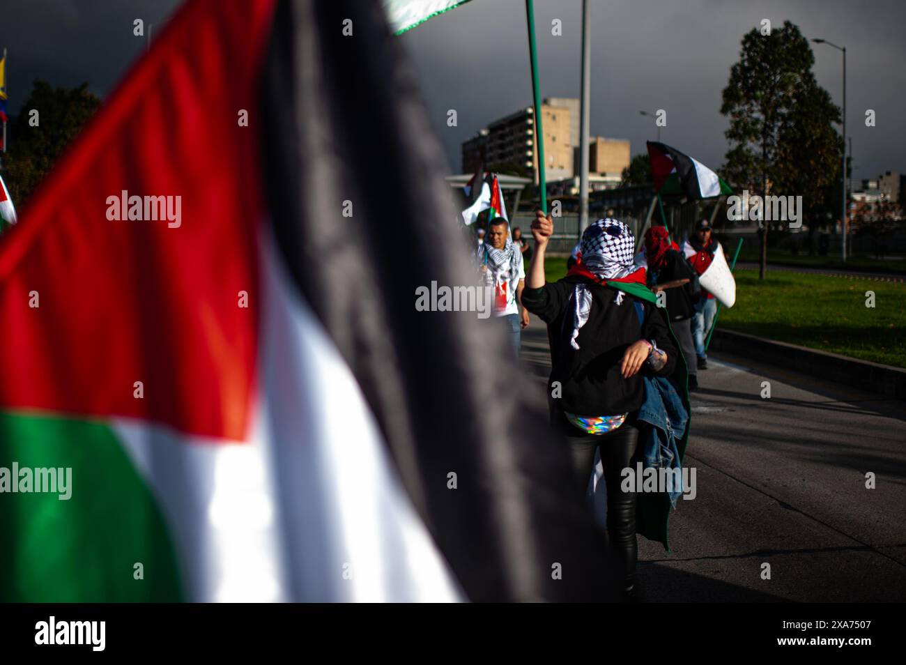 Bogotà, Colombia. 4 giugno 2024. I manifestanti prendono parte a una manifestazione a sostegno della Palestina il 4 giugno 2024 a Bogotà, Colombia. Foto di: Sebastian Barros/Long Visual Press credito: Long Visual Press/Alamy Live News Foto Stock