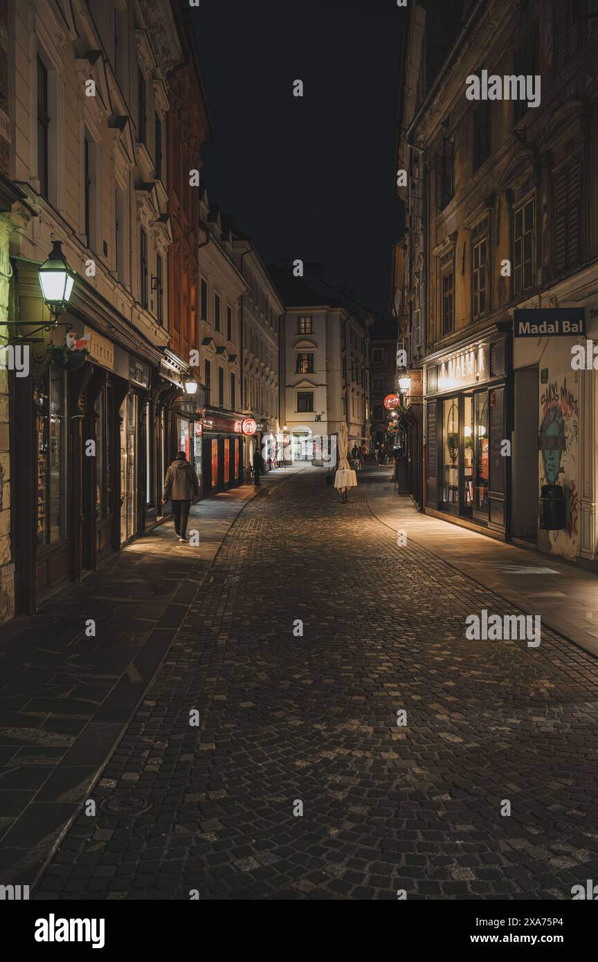 Una scena notturna di una strada illuminata con negozi e gente Foto Stock