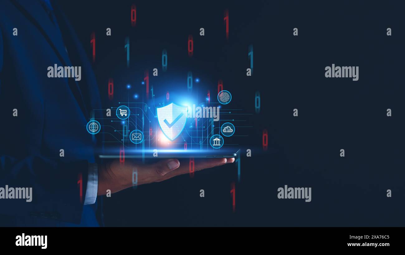 Sistema di sicurezza di rete. Dati personali sul tablet. Information and cyber Security Technology Services. Tecnologia Internet. Dati digitali pr Foto Stock