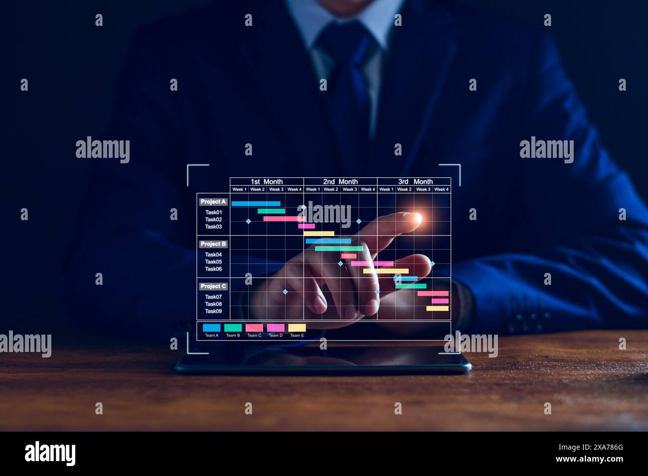 Project manager che lavora su un tablet. Aggiornamento delle attività e delle fasi cardine pianificazione dei progressi con l'interfaccia di pianificazione dei grafici Gantt per l'azienda su schermo virtuale Foto Stock
