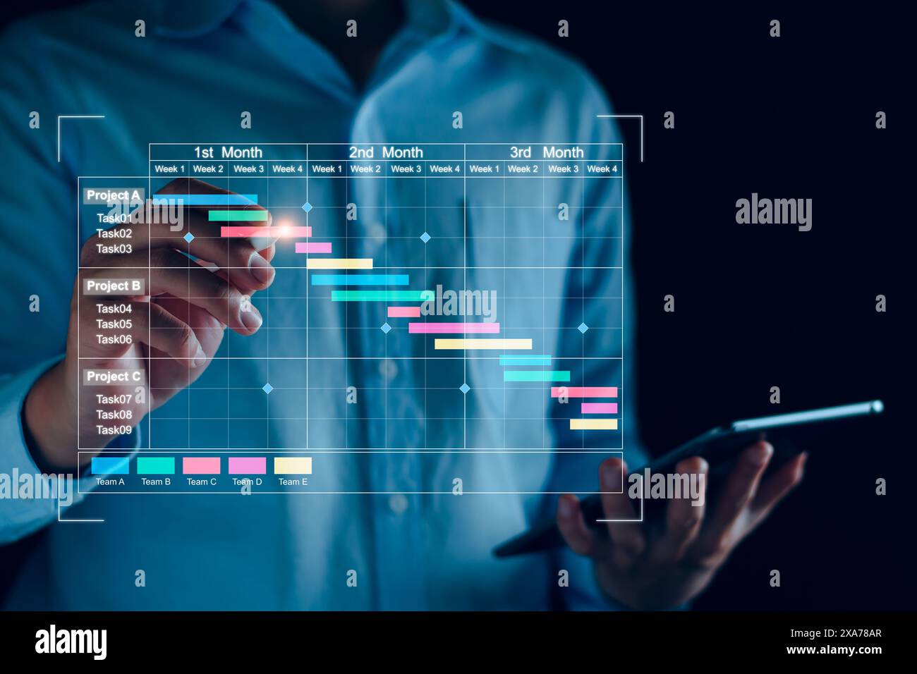 Project manager che lavora su un tablet. Aggiornamento delle attività e delle fasi cardine pianificazione dei progressi con l'interfaccia di pianificazione dei grafici Gantt per l'azienda su schermo virtuale Foto Stock