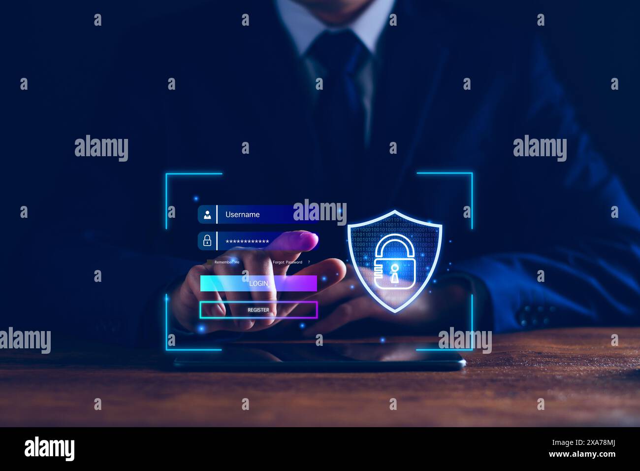 accesso di sicurezza informatica. Sicurezza e crittografia della privacy degli utenti, accesso sicuro a Internet tecnologie future e cibernetica, lucchetto schermo, accesso biotico tec Foto Stock