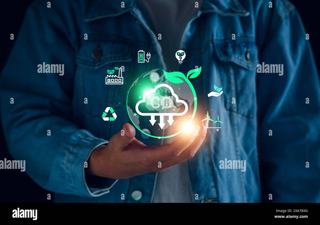 CO2 riduzione delle emissioni di anidride carbonica, icona della tecnologia ambientale e dell'uomo d'affari, riscaldamento globale, sviluppo sostenibile, bus per le energie rinnovabili Foto Stock