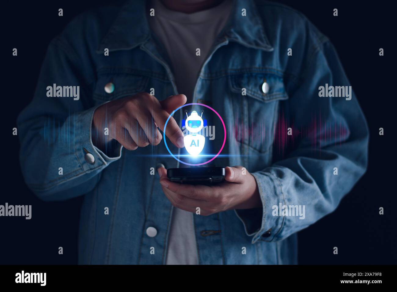 Concetto di comando vocale AI. AI, intelligenza artificiale. Uomo che utilizza la tecnologia Smart robot chat ai, digita prompt dei comandi, domande e risposte, cerca Foto Stock