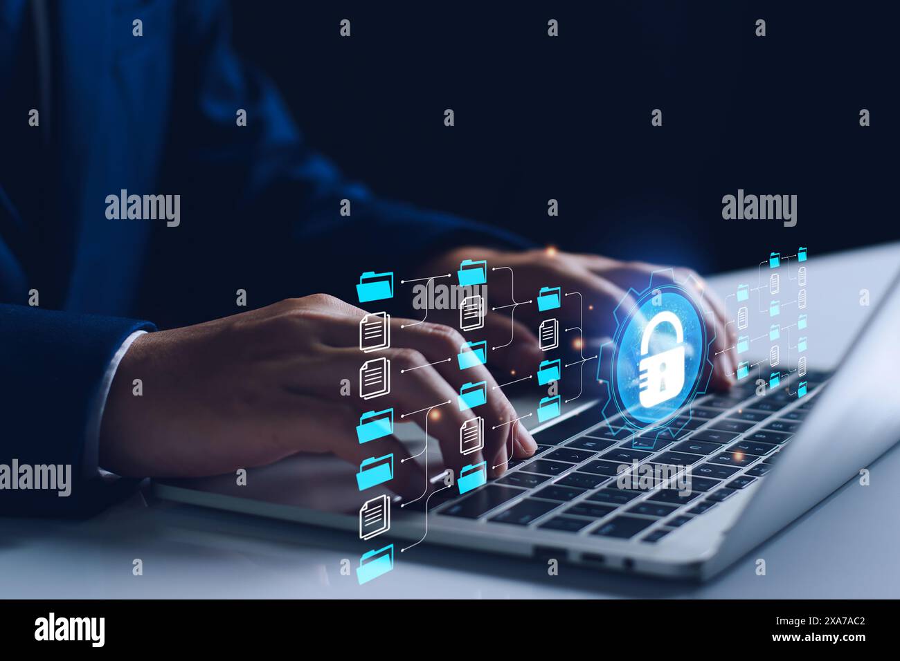 Concetto di sicurezza informatica e privacy per proteggere i dati. Tecnologia di sicurezza della rete Internet per cartelle e file Cyber-lock. Accesso sicuro ai dati personali dell'utente Foto Stock