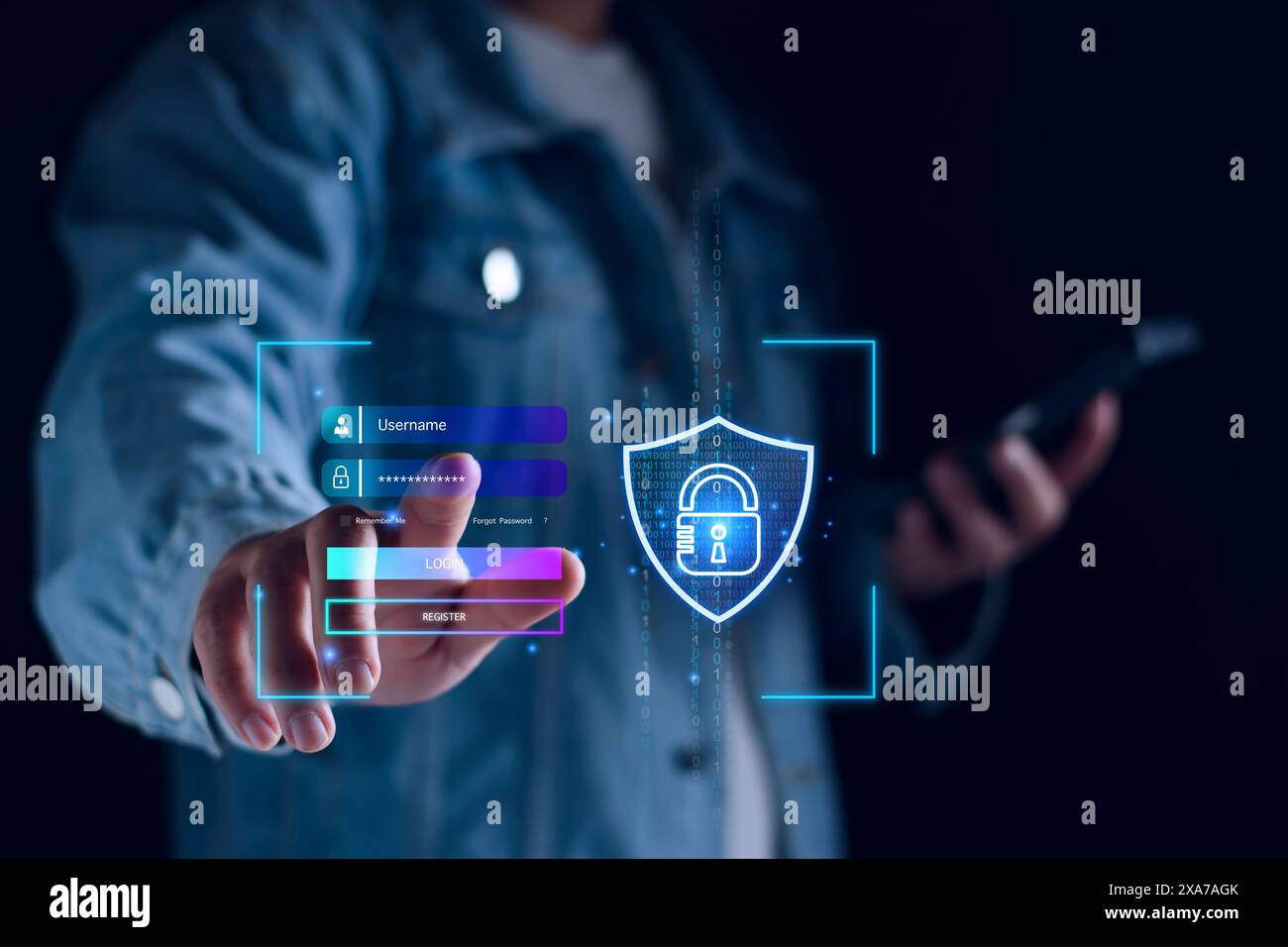 accesso di sicurezza informatica. Sicurezza e crittografia della privacy degli utenti, accesso sicuro a Internet tecnologie future e cibernetica, lucchetto schermo, accesso biotico tec Foto Stock