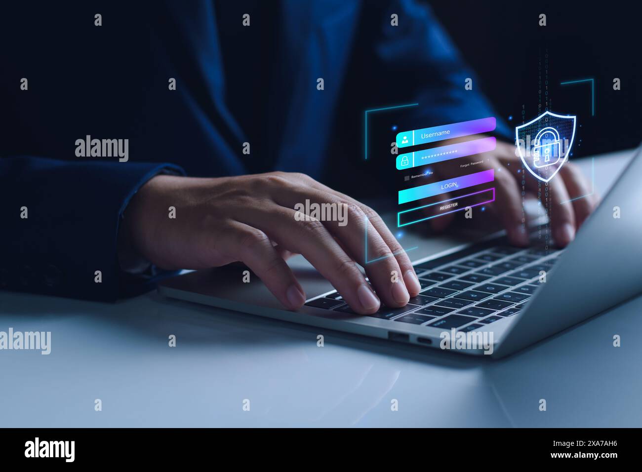 accesso di sicurezza informatica. Sicurezza e crittografia della privacy degli utenti, accesso sicuro a Internet tecnologie future e cibernetica, lucchetto schermo, accesso biotico tec Foto Stock