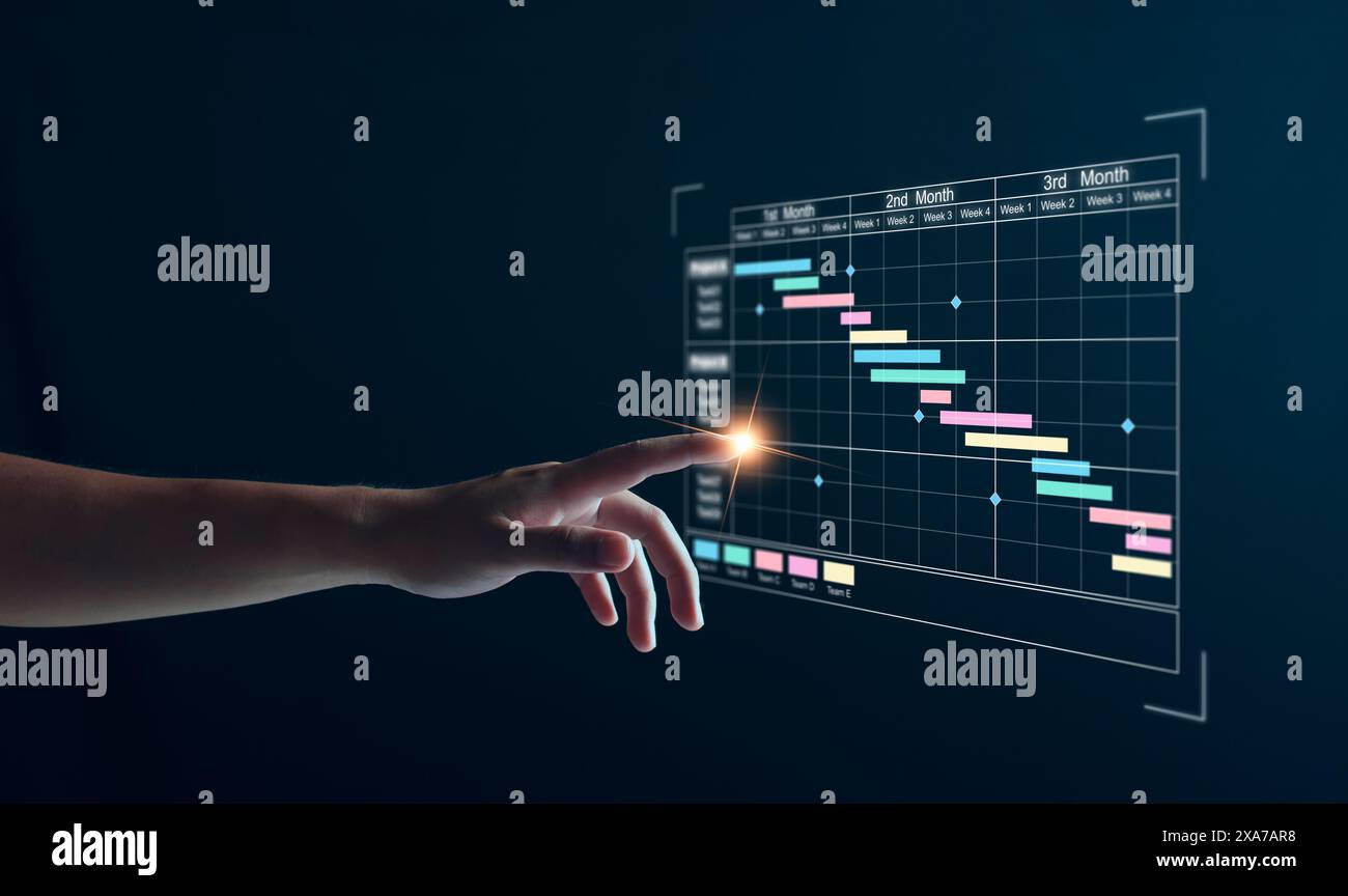 Project manager che lavora su tablet e aggiorna attività e tappe fondamentali pianificazione dei progressi con l'interfaccia di pianificazione dei grafici Gantt per l'azienda su scr virtuale Foto Stock