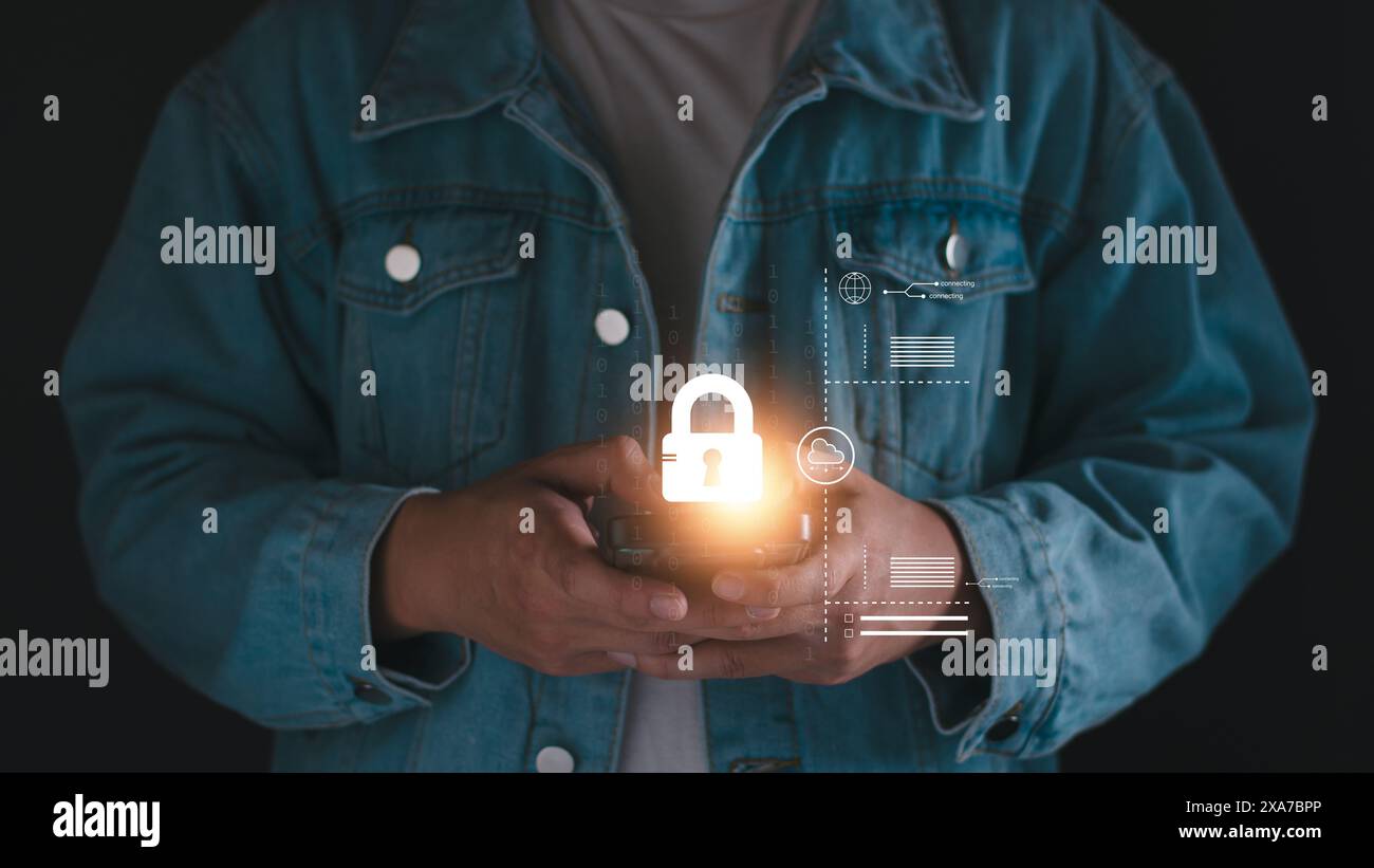 Concetto di sicurezza informatica. Protezione delle reti informatiche digitali tramite firewall. Protezione della privacy degli utenti, dati, informazioni. Il firewall di accesso a Internet protegge gli hacker Foto Stock