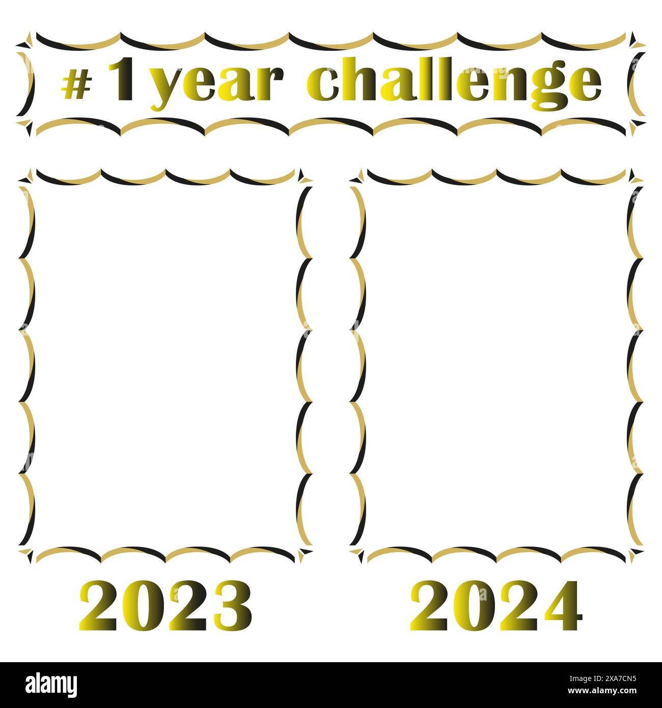 sfida di 1 anno. Cornici dorate e nere. 2023 e 2024. Modello vettoriale. Illustrazione Vettoriale