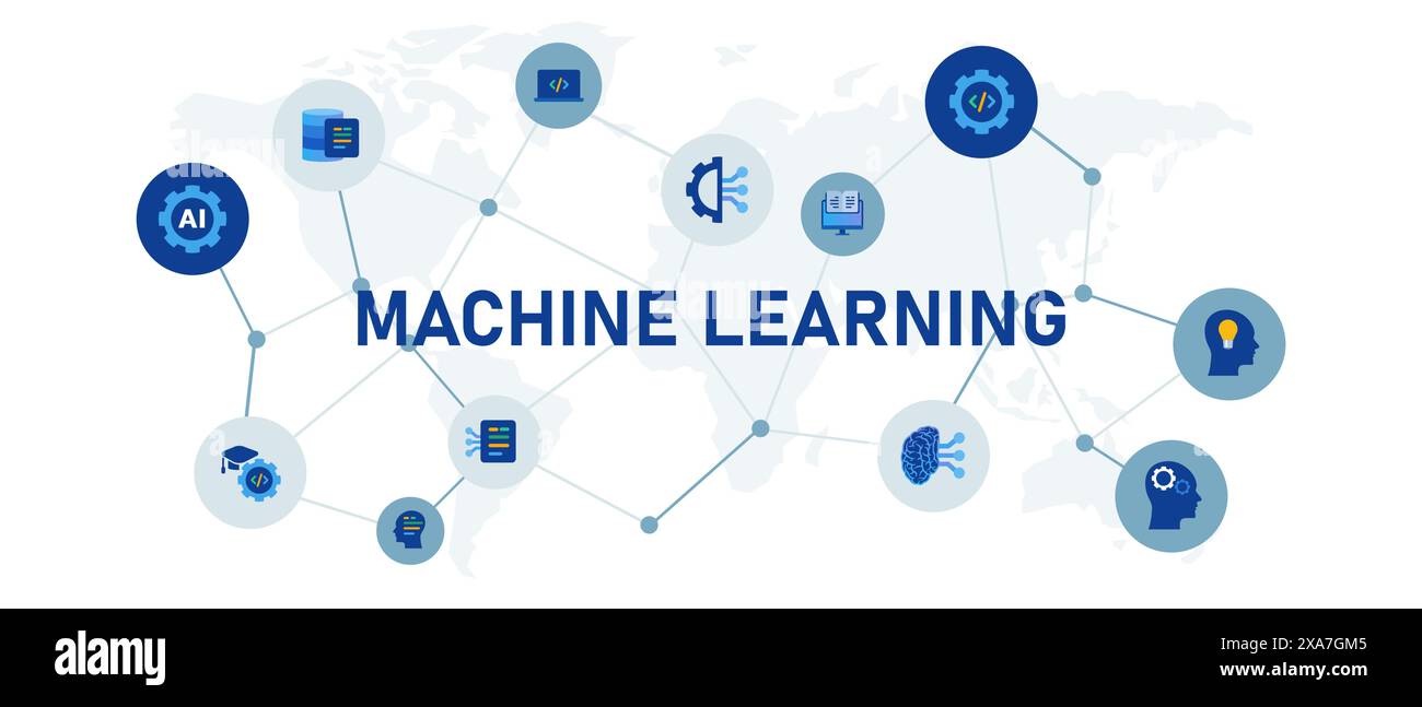 Concetto di apprendimento automatico l'intelligenza artificiale controlla la rete globale connessioni di intelligenza artificiale icona IOT Illustrazione Vettoriale