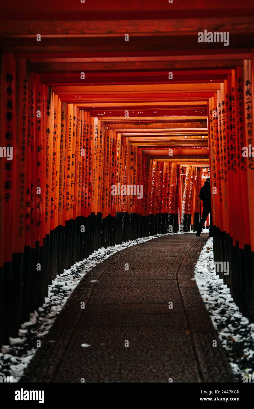 Un viaggiatore che esce dall'antico tunnel della porta di Torii durante la neve invernale rara al santuario di Fushimi Inari a Kyoto in Giappone Foto Stock