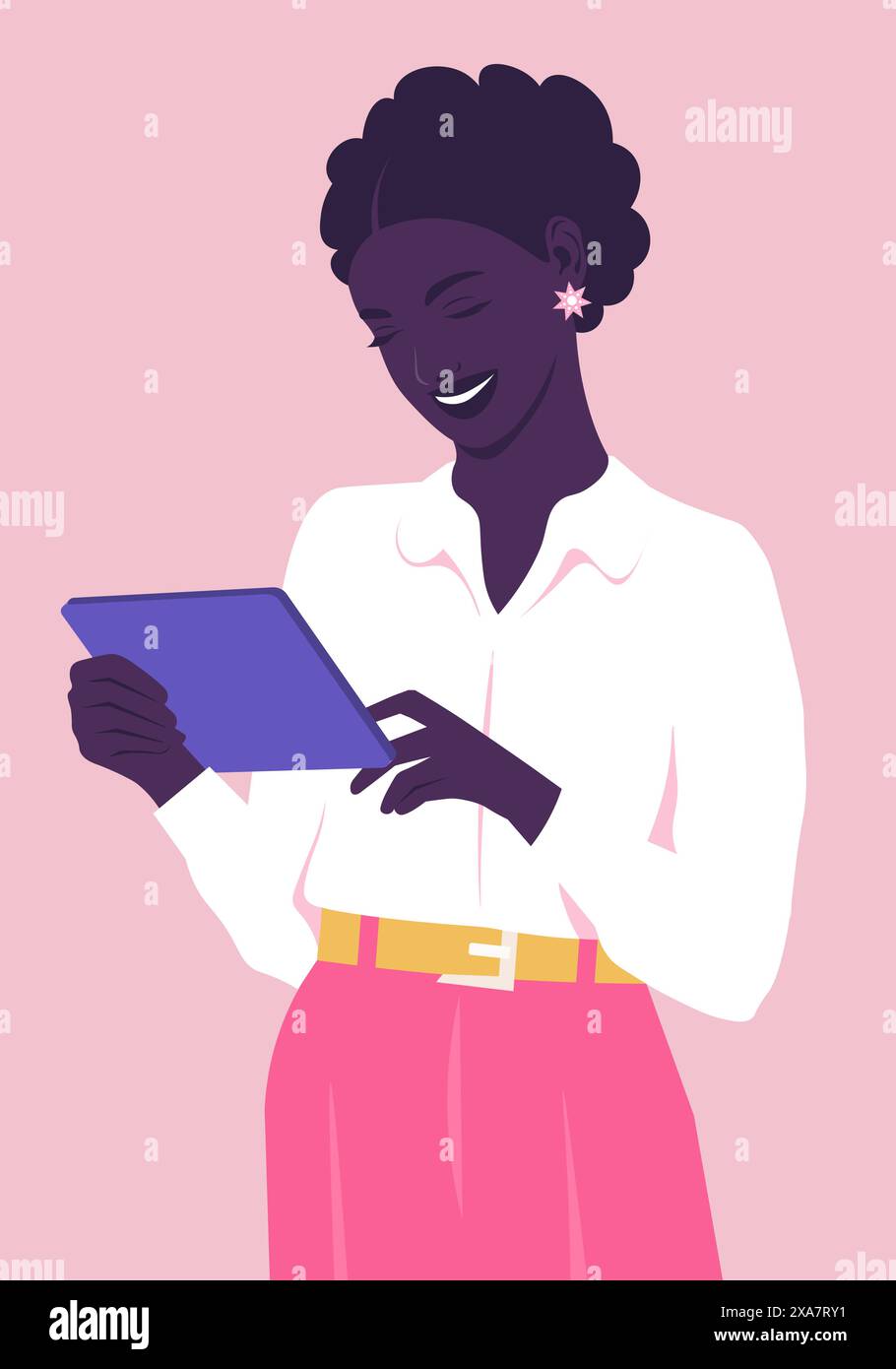 La donna africana felice è in piedi e invia messaggi con un tablet. Insegnante sorridente che usa l'app didattica. Illustrazione piatta vettoriale Illustrazione Vettoriale