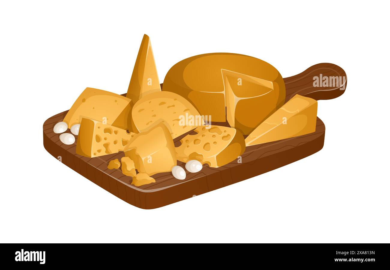 Diversi tipi di formaggi sul tagliere in stile realistico. Illustrazione vettoriale. Vassoio di formaggi, piatti a scomparti Illustrazione Vettoriale