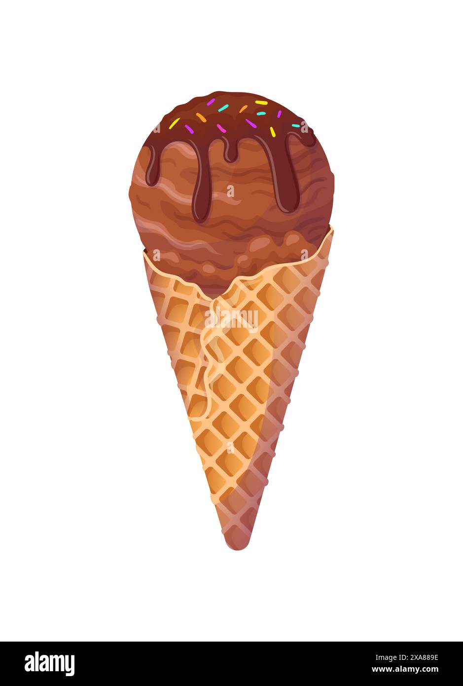 Gelato al cioccolato in un cono di waffle con frutta e colorate goccioline arcobaleno. Dessert freddo estivo. Deliziosi dolci morbidi croccanti, realistici Illustrazione Vettoriale