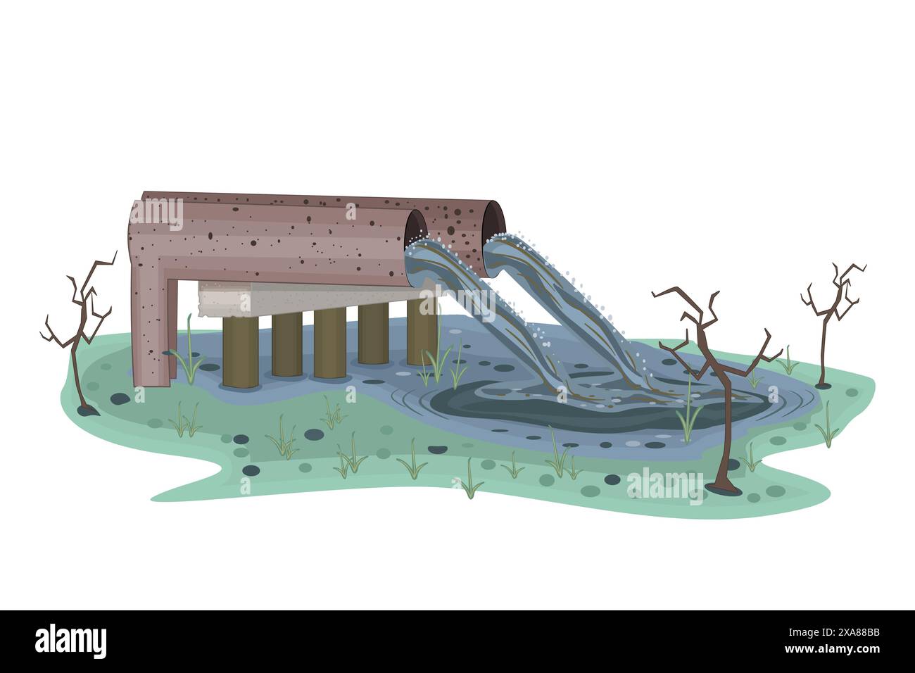 Inquinamento dell'acqua causato dai tubi. Inquinamento del flusso di rifiuti in natura. Scarico dell'effluente sporco dal tubo. Danni ecologici. Inquinamento ambientale. Contaminazione Illustrazione Vettoriale