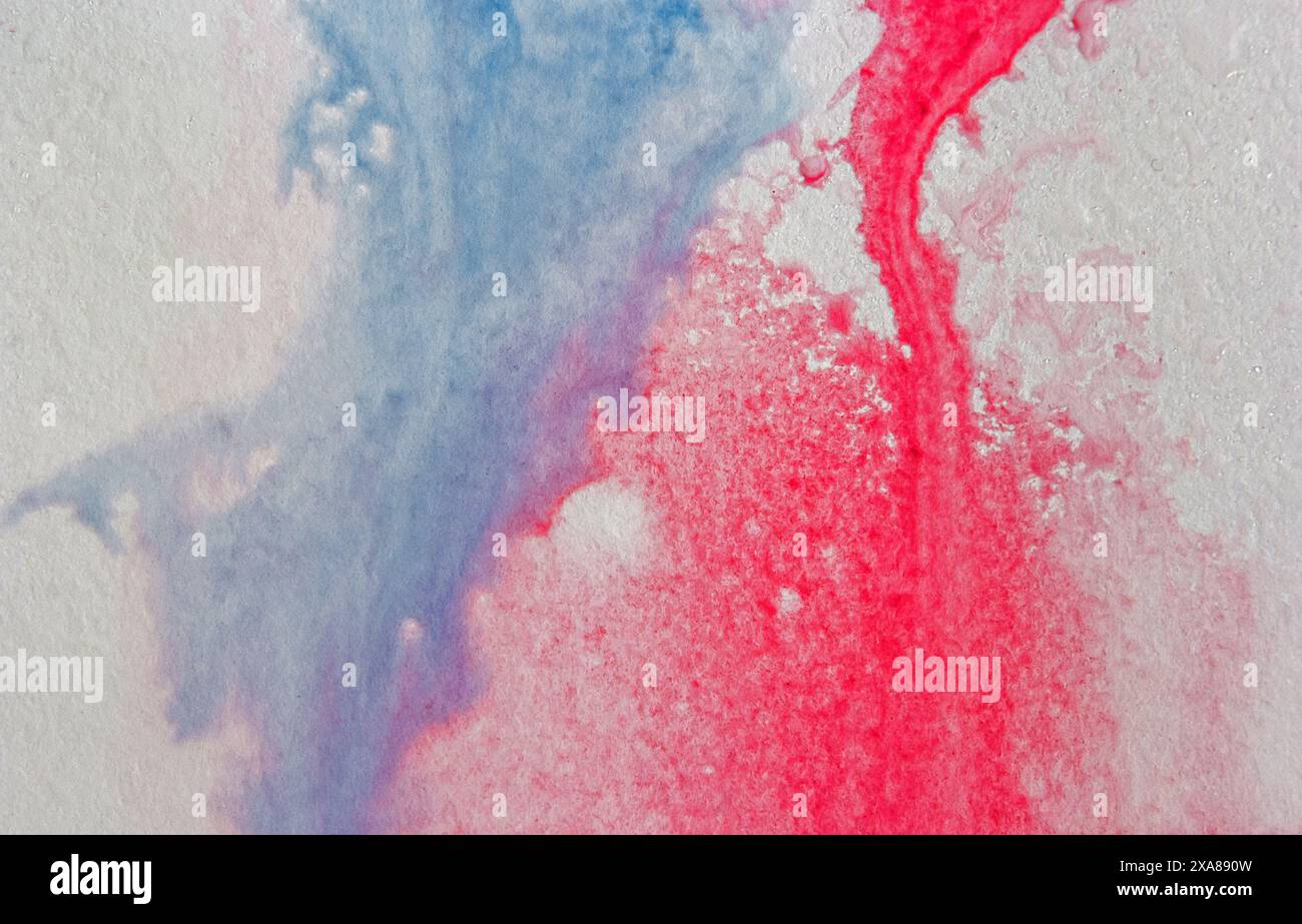 Gocce di colore blu-rosso brillante. Illustrazione astratta su sfondo bianco. Banner per testo, elemento grunge per decorazione. Foto Stock