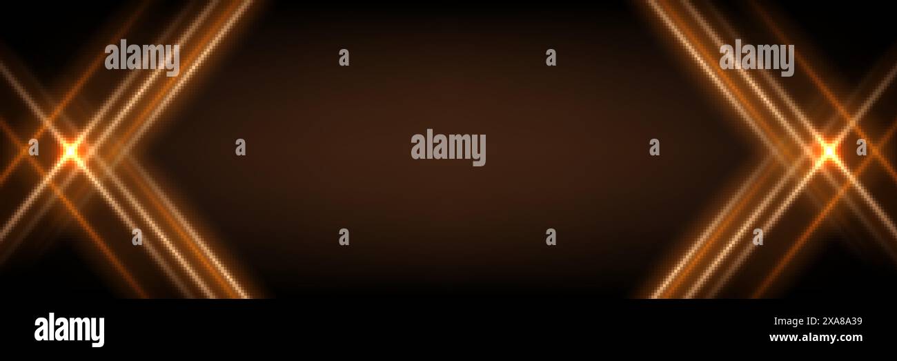 Elementi della linea Golden e effetti di luce su sfondo nero di lusso. Elegante scena diagonale a raggi luminosi dorati astratti su sfondo nero. Vettore Illustrazione Vettoriale