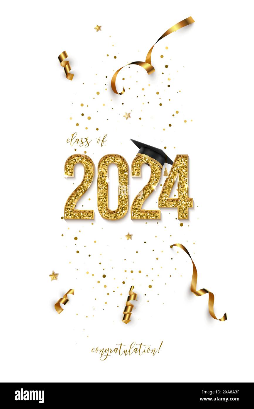 striscione verticale per cerimonie di laurea 2024. Premio con cappello accademico, numeri d'oro, nastri, coriandoli e testo isolato su sfondo bianco Illustrazione Vettoriale