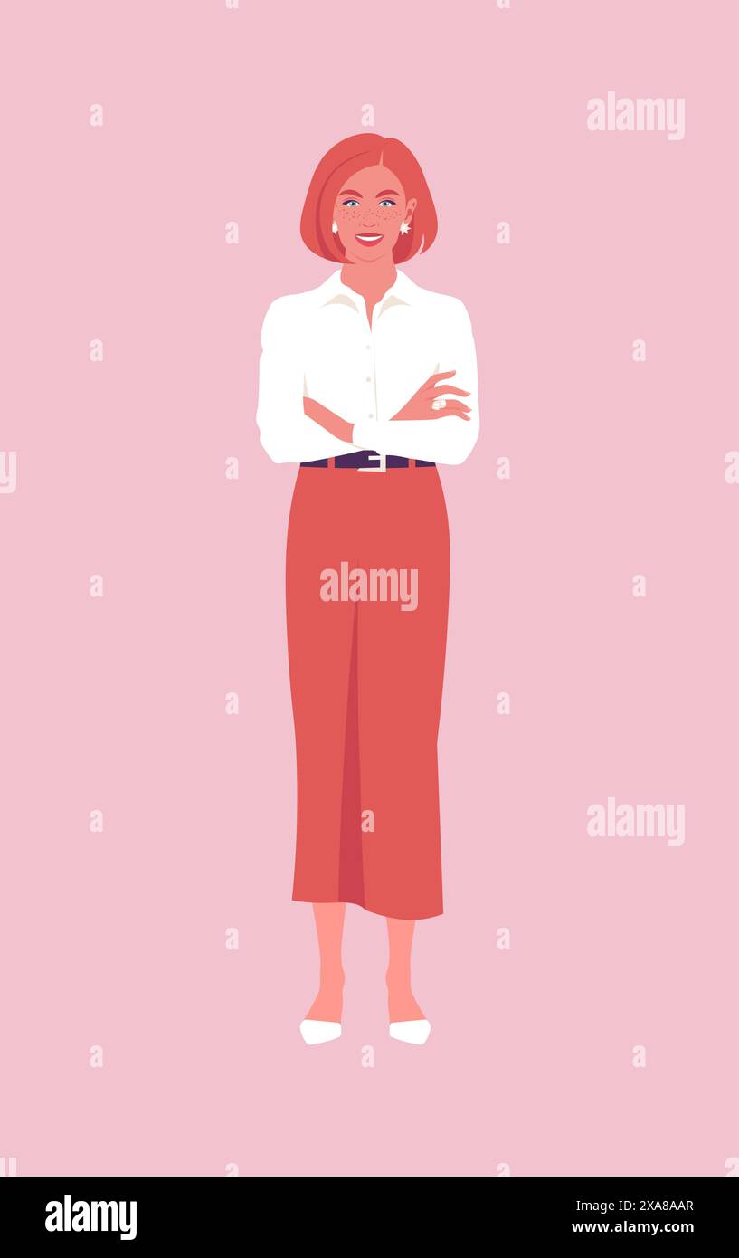 Il ritratto di una donna dai capelli rossi con lentiggini è a tutta lunghezza con le braccia incrociate. Le professioni e gli affari d'ufficio più popolari. Illustrazione piatta vettoriale Illustrazione Vettoriale