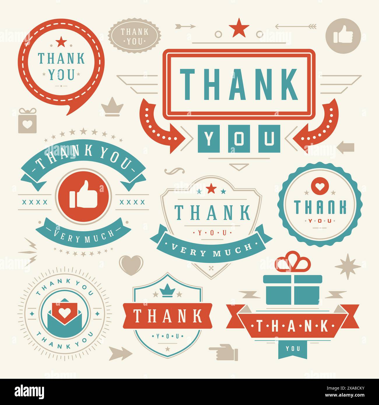 Set di elementi tipografici di ringraziamento etichette e distintivi. Cuori, nastri, icone Thumb Up e corone. Per biglietti di auguri, adesivi, etichette, poster A. Illustrazione Vettoriale