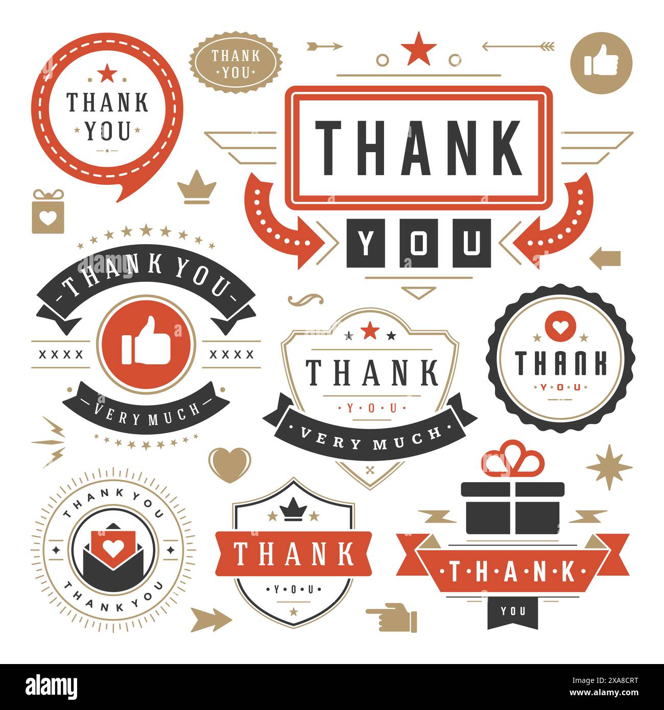 Set di elementi tipografici di ringraziamento etichette e distintivi. Cuori, nastri, icone Thumb Up e corone. Per biglietti di auguri, emblemi, adesivi, etichette, Illustrazione Vettoriale
