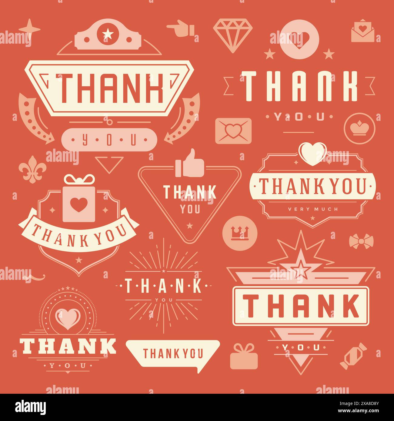 Set di elementi tipografici di ringraziamento etichette e distintivi. Cuori, nastri, icone Thumb Up e corone. Per biglietti di auguri, adesivi, etichette, poster A. Illustrazione Vettoriale