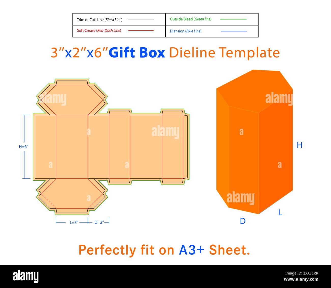 Confezione regalo L 3 x P 2 x a modello dieline da 6 pollici. Una scatola è un contenitore con una struttura tridimensionale utilizzata per conservare, proteggere e trasportare gli articoli. Illustrazione Vettoriale