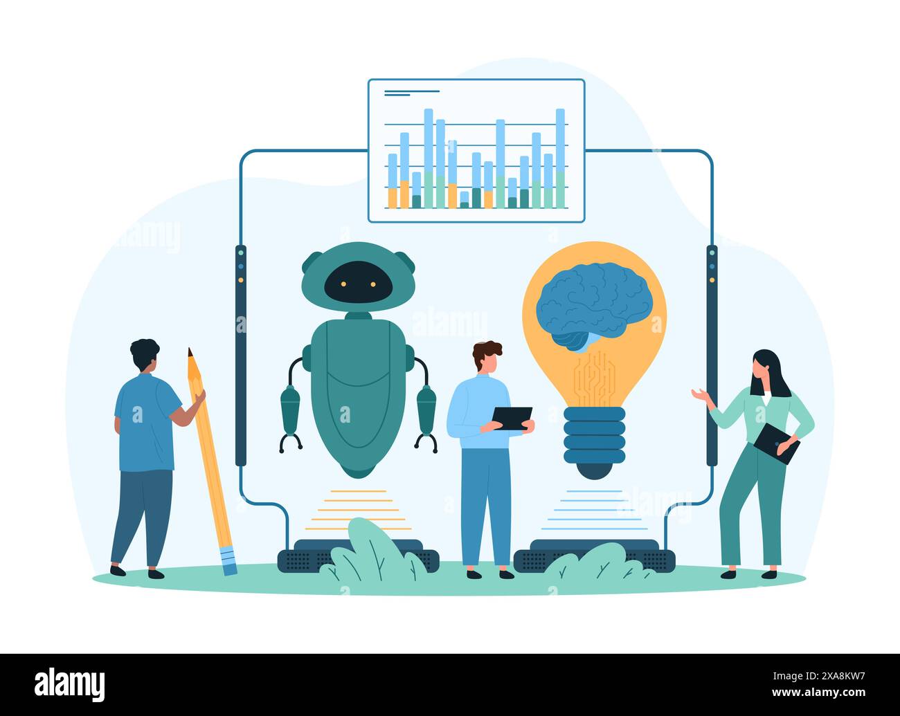Ingegneria con intelligenza artificiale, intelligenza artificiale generativa e innovazione intelligente. Le persone più piccole lavorano sulla connessione tra robot e lampadina con cervello digitale all'interno dell'illustrazione vettoriale dei cartoni animati Illustrazione Vettoriale