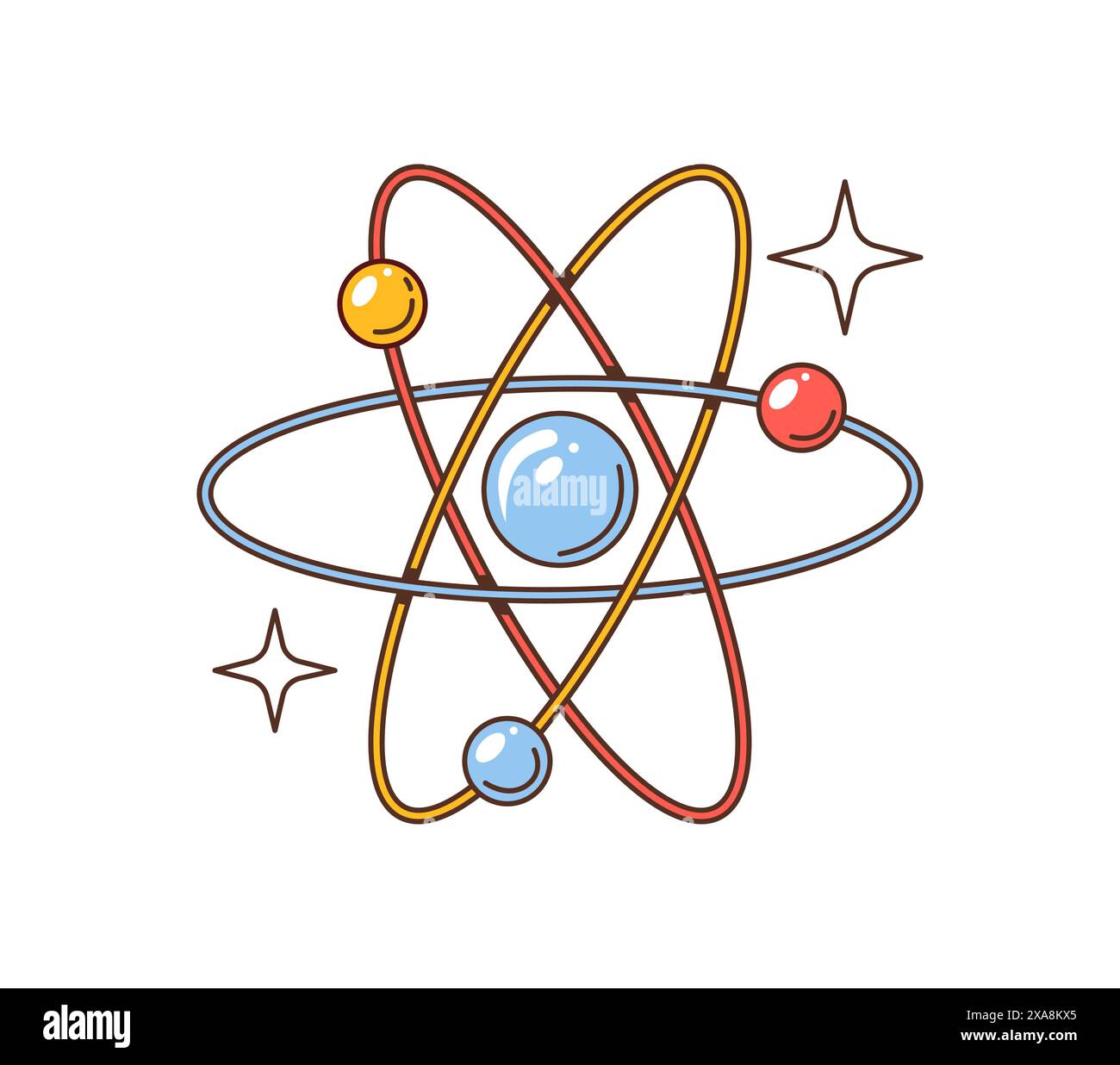 Atomo retrò scanalato con elettroni che orbitano intorno a un nucleo centrale con stelle scintillanti circostanti. Segno vettoriale del cartone animato isolato, che simboleggia la struttura di base dell'atomo in chimica e fisica Illustrazione Vettoriale