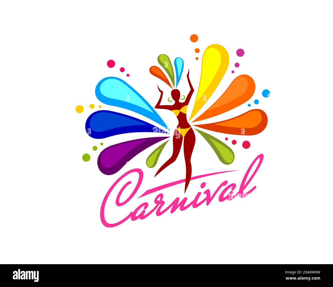 Icona della festa di carnevale del Brasile con ballerina di samba per eventi di intrattenimento, simbolo vettoriale. Emblema del carnevale brasiliano tradizionale con samba danzante donna con piume arcobaleno o colori che spruzzano il fiore Illustrazione Vettoriale