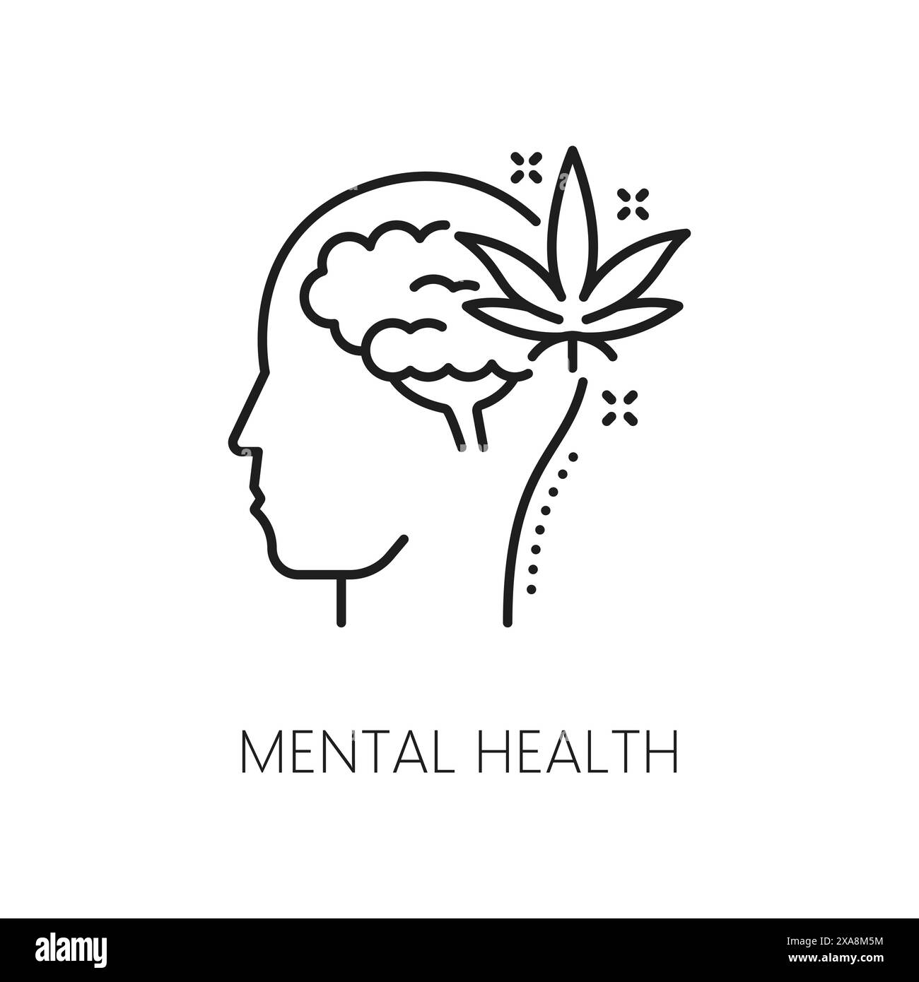 Icona della linea di cannabis e salute mentale per marijuana medica o estratto di erbe infestanti CBD, simbolo vettoriale. Marijuana farmaceutica o cannabis sativa e icona della testa del cervello per il trattamento CBD nella terapia della salute Illustrazione Vettoriale