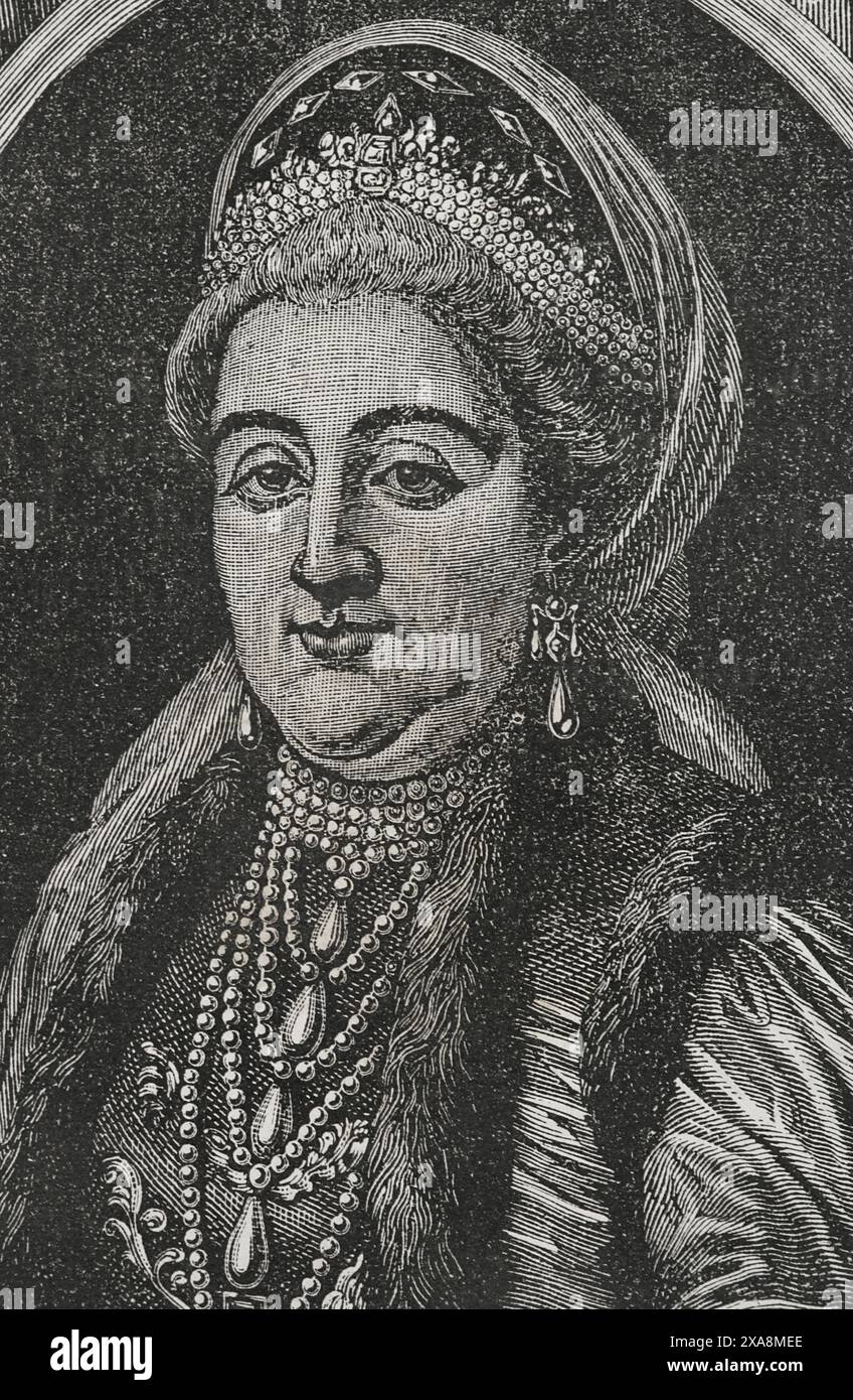 Caterina II la grande (1729-1796). Imperatrice di Russia (1762-1796). Moglie di Pietro III di Russia. Verticale. Incisione. "Storia della Rivoluzione francese". Volume i, 1876. Foto Stock