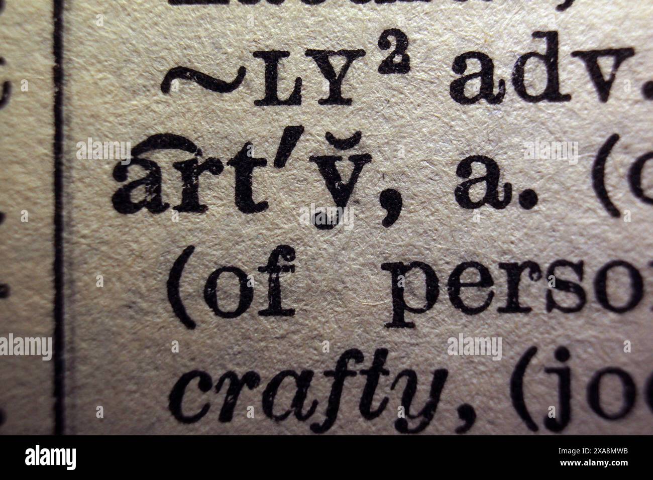 Arte delle parole sulla pagina del dizionario, primo piano delle macro Foto Stock