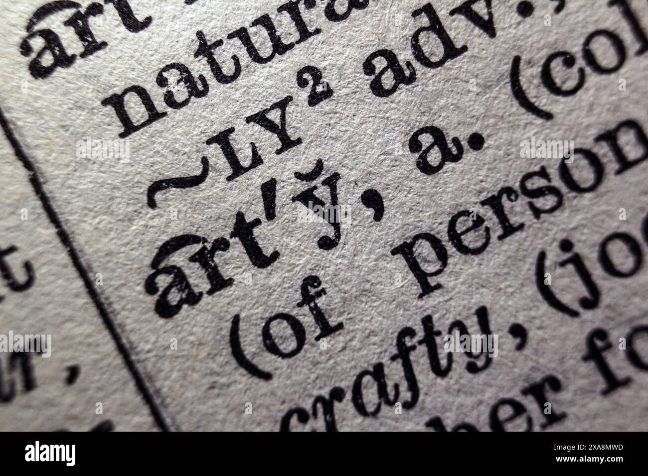Arte delle parole sulla pagina del dizionario, primo piano delle macro Foto Stock