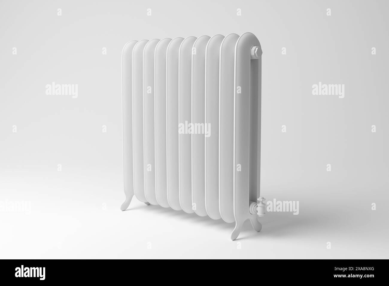 Radiatore in ferro bianco su sfondo bianco. Illustrazione del concetto di riscaldamento domestico, efficienza energetica e elettrodomestici Foto Stock