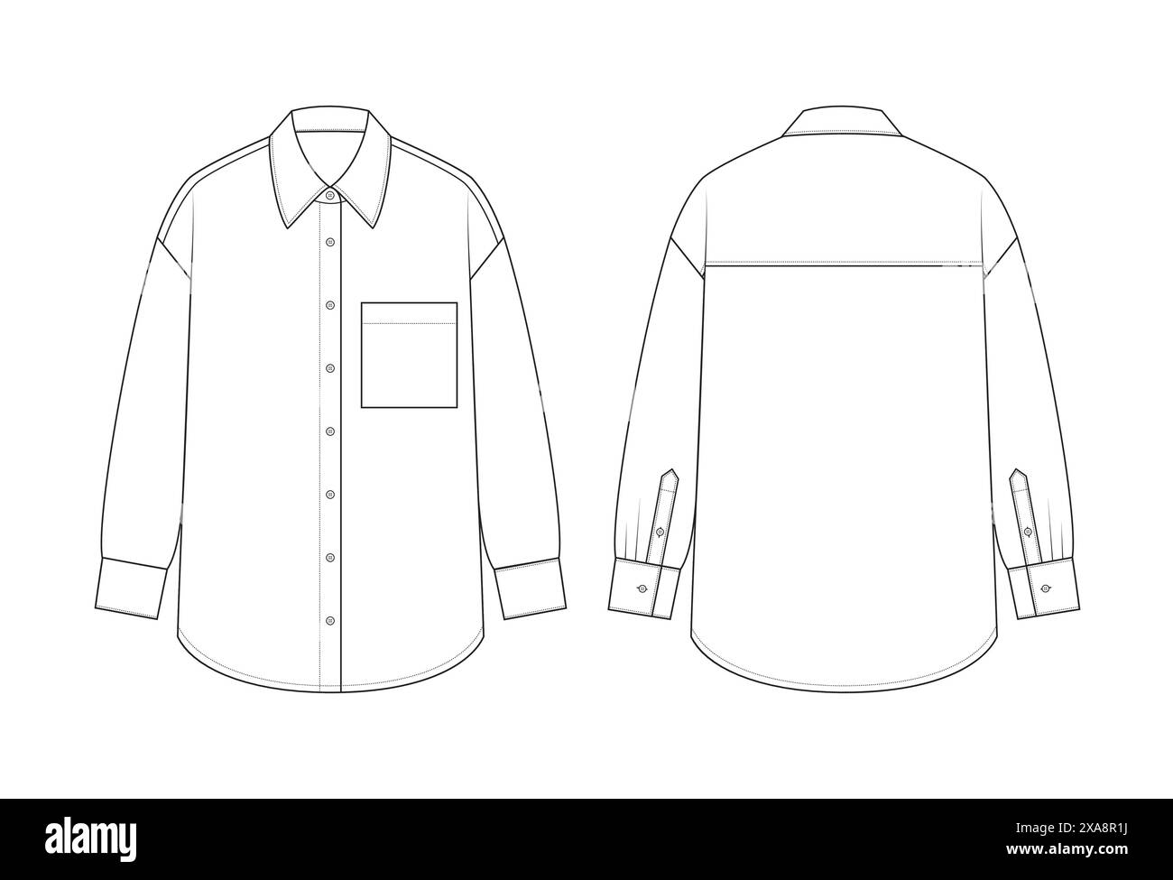 Disegno tecnico vettoriale di una camicia oversize button-down con vista anteriore e posteriore. Maniche lunghe. Tasca anteriore. Tessuto. Illustrazione Vettoriale