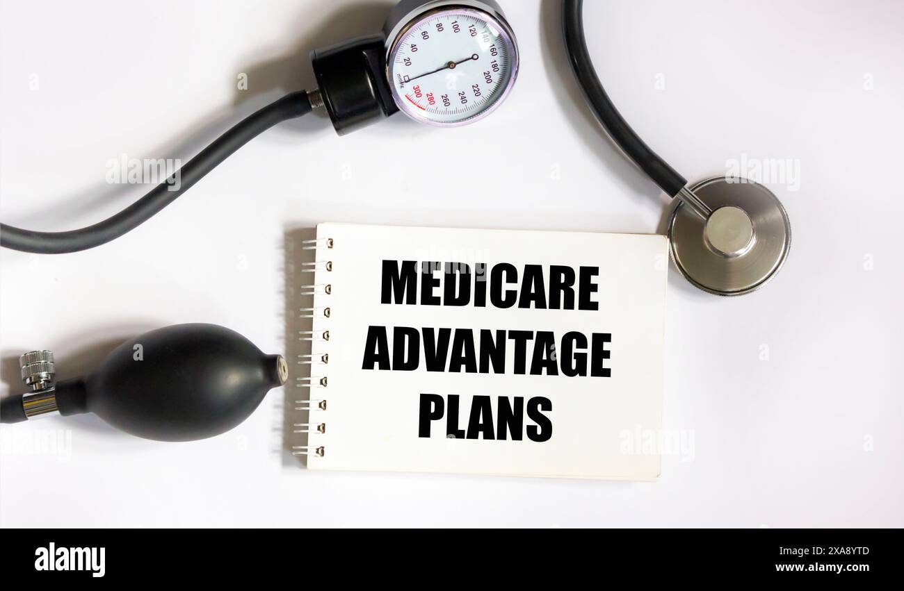 Vista dall'alto dello stetoscopio e del blocco note scritti con testo DEI PIANI DI BENEFICI PER LE CURE MEDICHE su sfondo bianco. Foto Stock