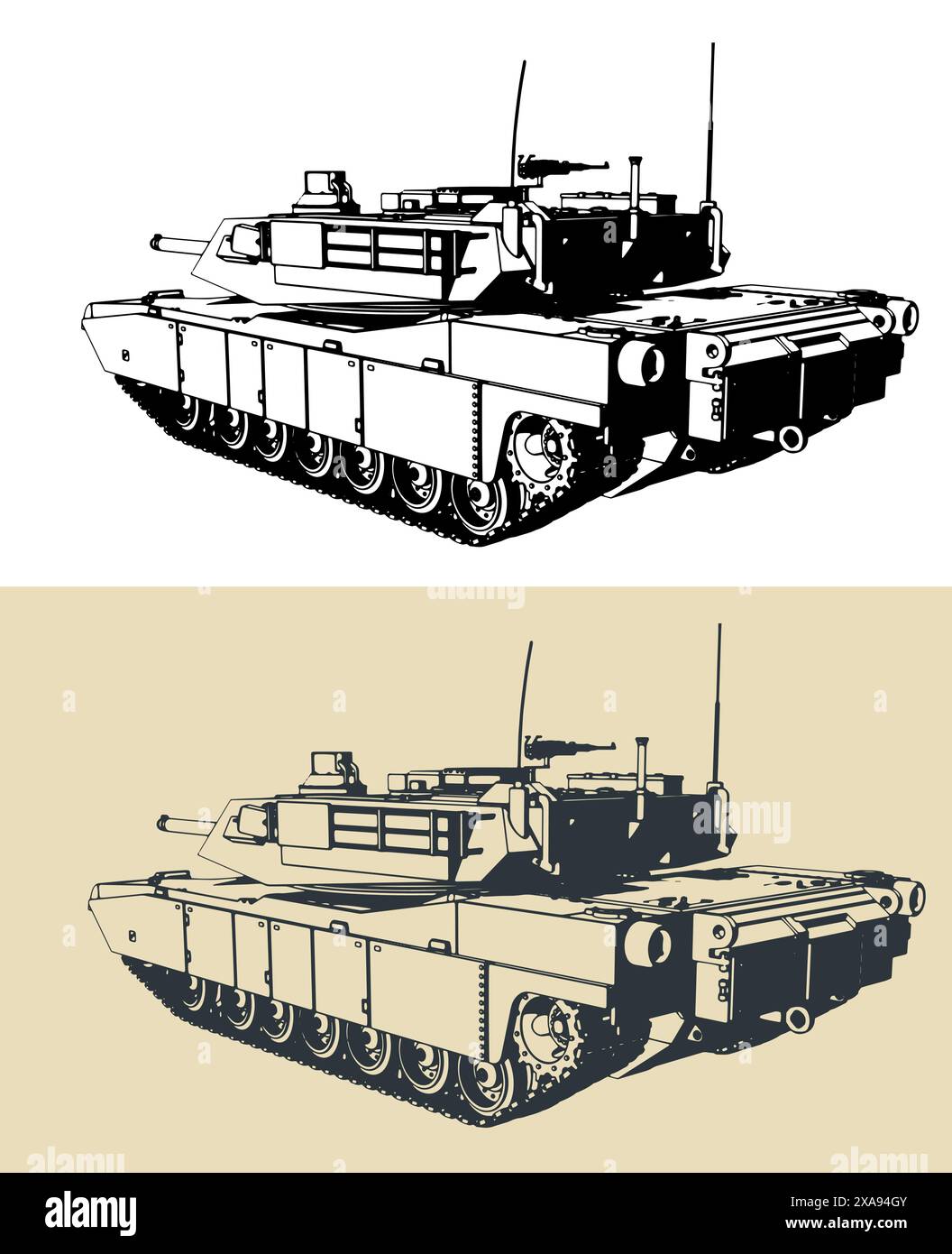 Illustrazioni vettoriali stilizzate di un carro armato da battaglia principale dell'esercito americano, M1 Abrams Illustrazione Vettoriale