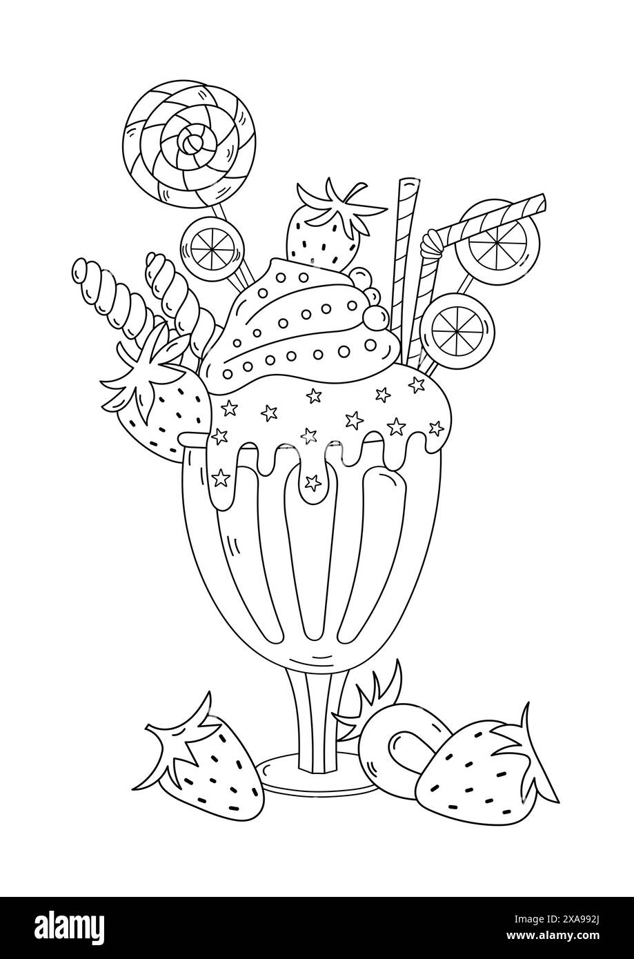 Pagina da colorare - il Milkshake alla fragola con molte decorazioni è un'attività da colorare anti anti-stress per adulti Illustrazione Vettoriale