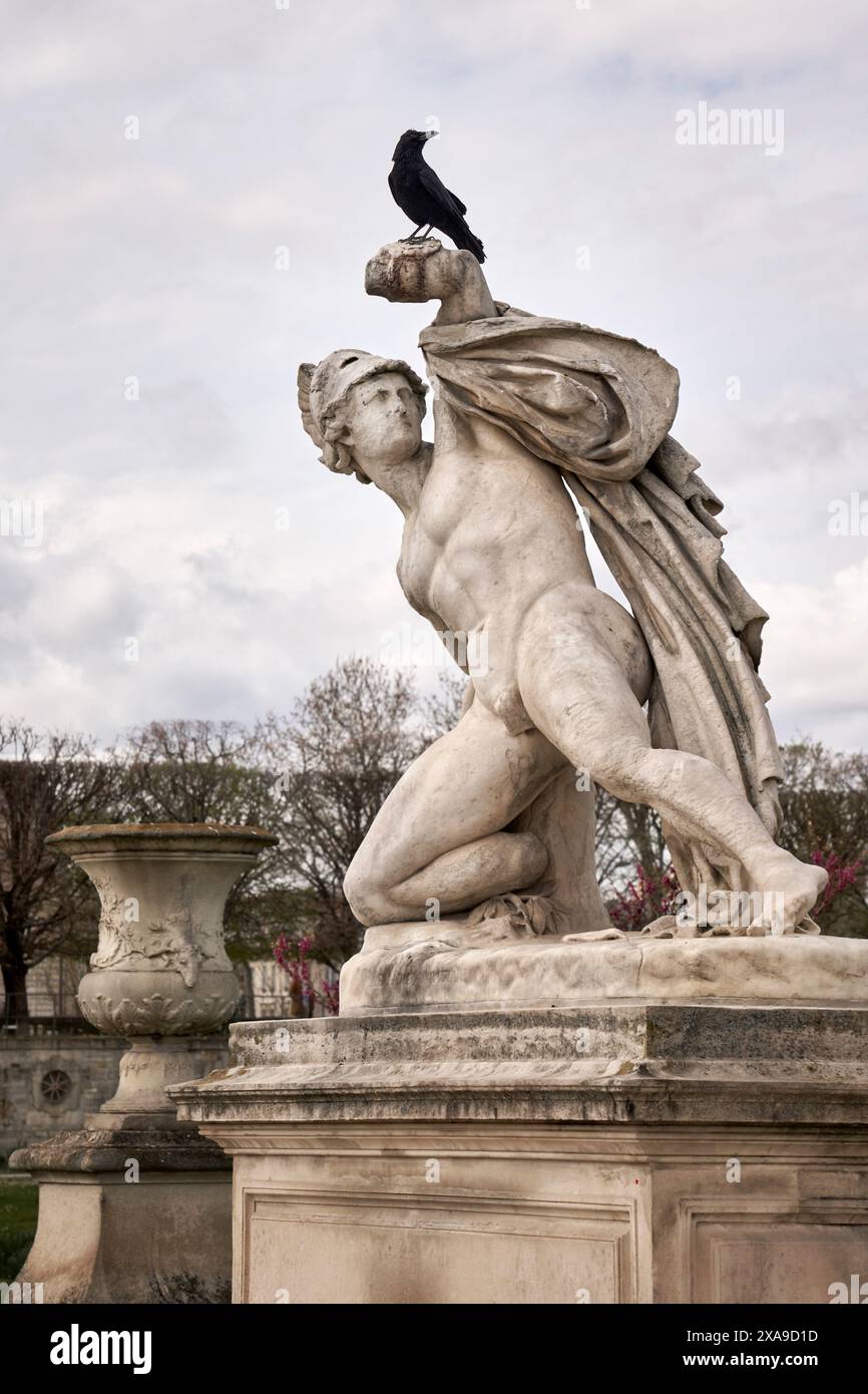 Corvo su una statua romana sconfitta nei giardini delle Tuilleries di Parigi (Francia) Foto Stock