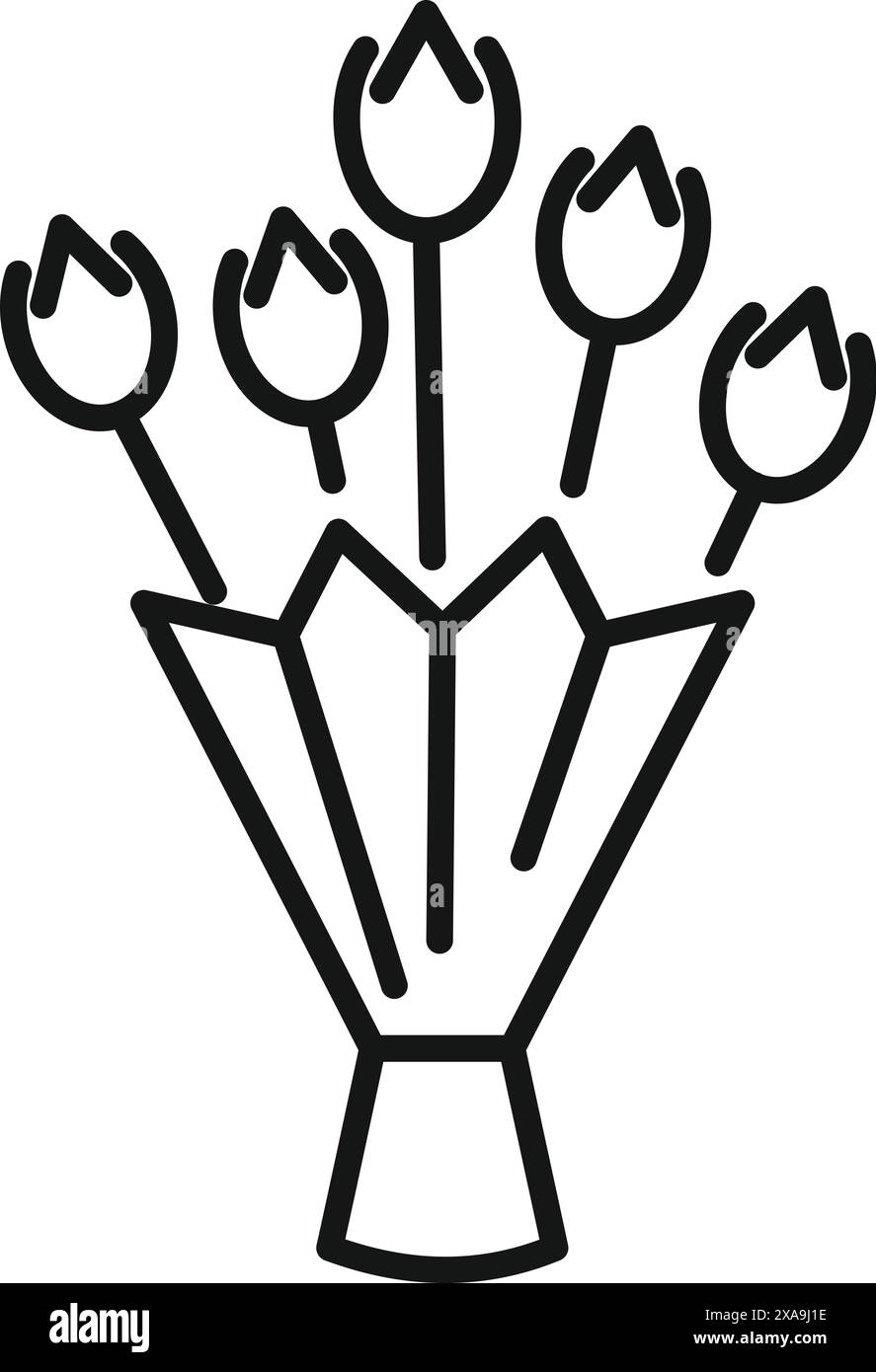 Cinque tulipani in fiore sono riuniti in un semplice vaso, creando un'affascinante illustrazione minimalista Illustrazione Vettoriale