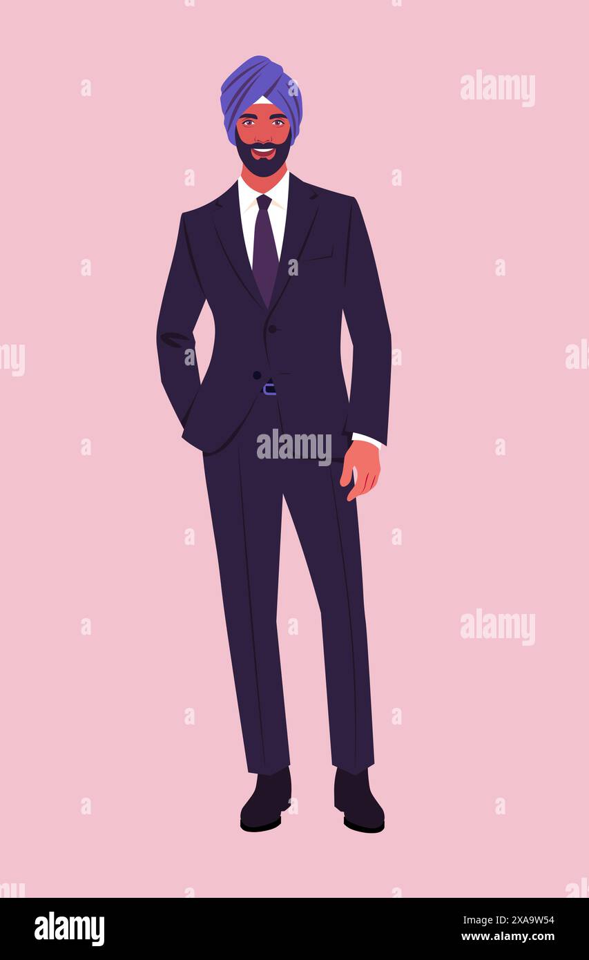 Il ritratto di un giovane Sikh con la barba in un turbante è a tutta lunghezza. Ritratto di un uomo d'affari. Illustrazione piatta vettoriale Illustrazione Vettoriale