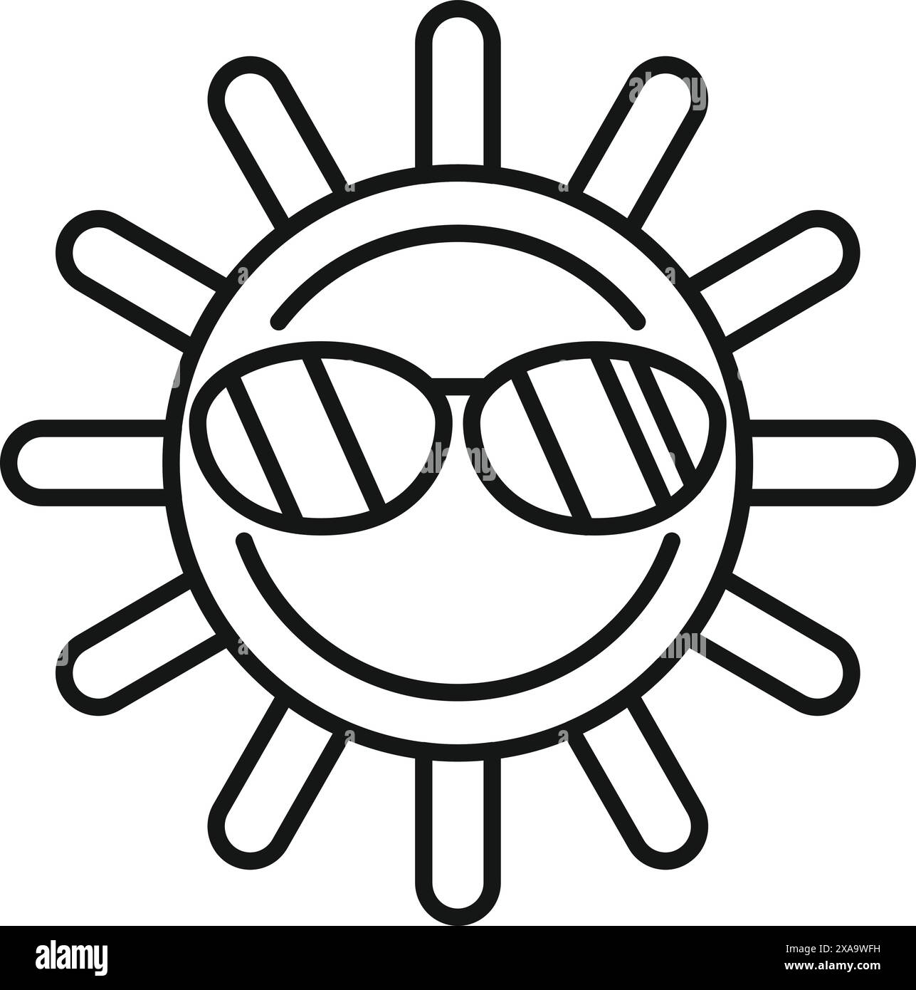 Il sole dei cartoni animati indossa occhiali da sole alla moda, sorridendo e godendosi il caldo e il sole in una giornata estiva in spiaggia Illustrazione Vettoriale